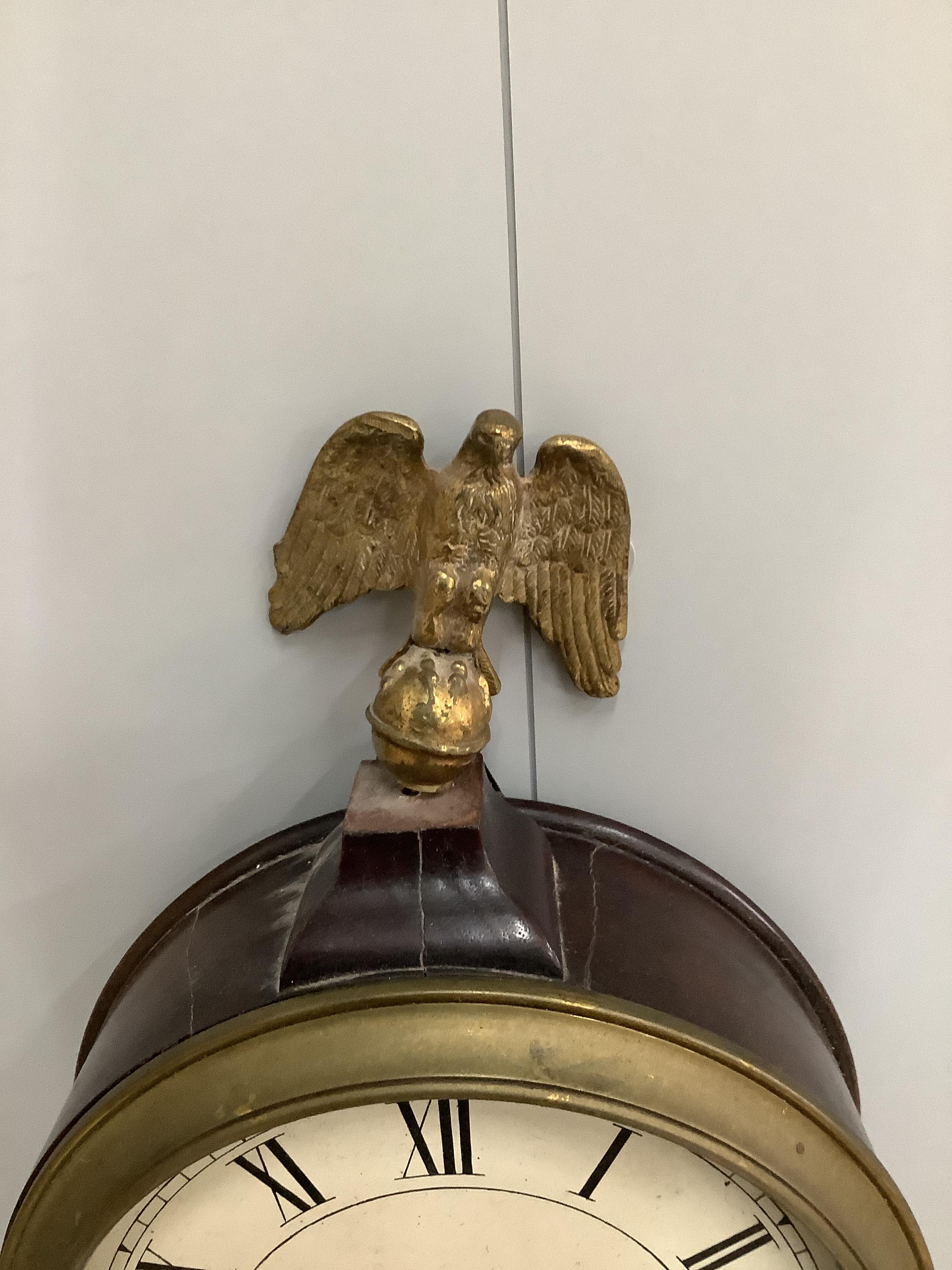 A 19th century style American drop dial wall clock, height 96cm together with a circular metal ceiling light